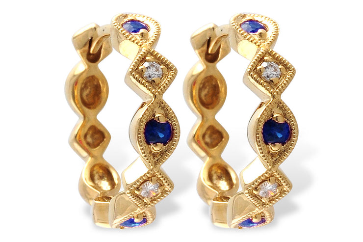 Sapphire and Diamond Huggie Milgrained Hoops