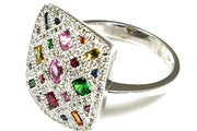Natural Multi Colored Sapphire and Diamond Pave Ring