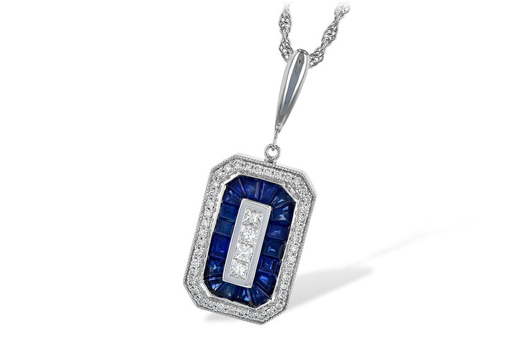 Blue Sapphire and Diamond Rectangle Necklace